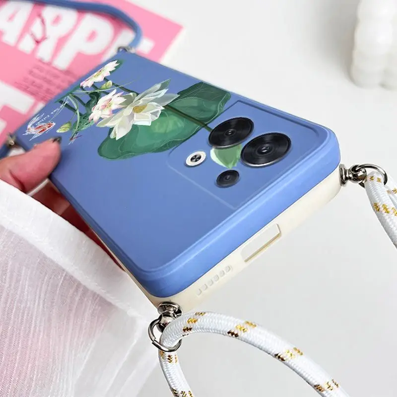 Lotus Pond Scenery Crossbody Lanyard custodia in Silicone per OPPO Reno 8 8T 8 Pro 7 7Lite 7Z 6 6Z 6 proplus 5Lite 5F 4Lite Cover