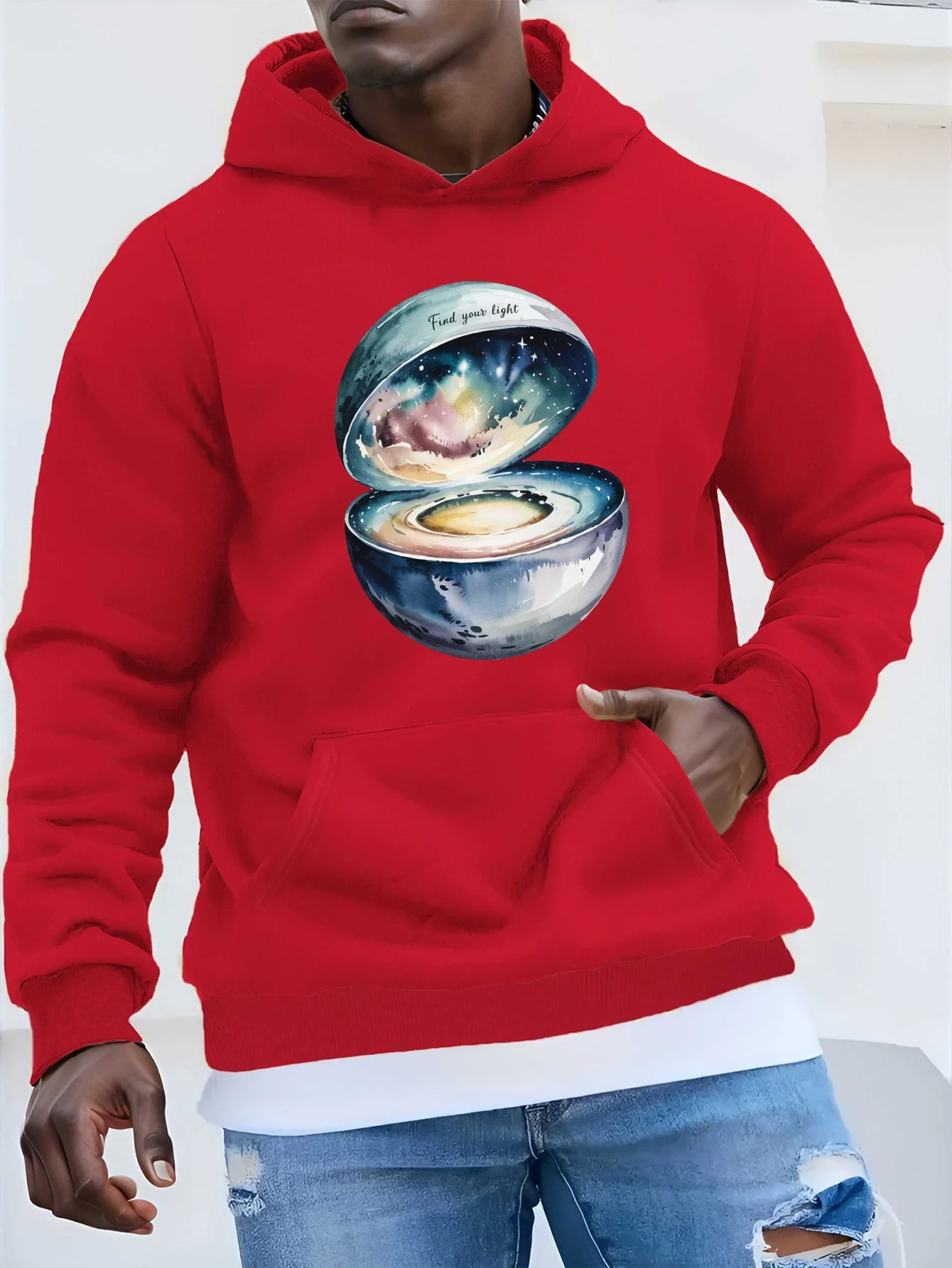 هوديي كاجوال بطبعة قمر وألوان مائية وكواكب - تصميم "اكتشف ضوءك"، فضفاض، أكمام طويلة، جيب أمامي