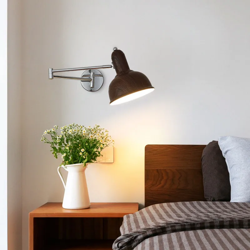 Nordic Modern Retractable Rotatable Swinging Wall Lamp Bedroom Bedside Restaurant Study Walnut Grain Reading Working Wall Lights