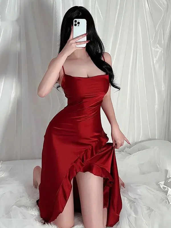 

Red New Sling Sexy And Charming Ruffle Edge Bottom Split Slash Neck Backless Wrap Buttocks Asymmetric Long Dress Elegant New H2U