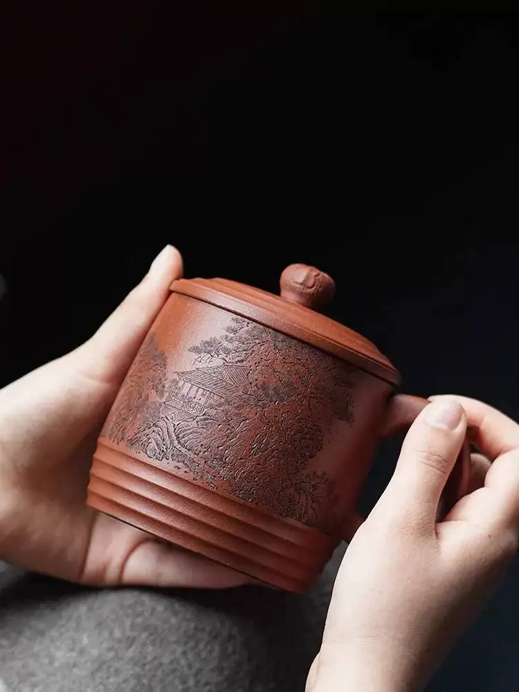 Yihuchun High-End Purple Clay Cup, Yantianyunshan 440C, Famous Artist's Hand-Carved Landscape Tea Cup With Gold Sand Base