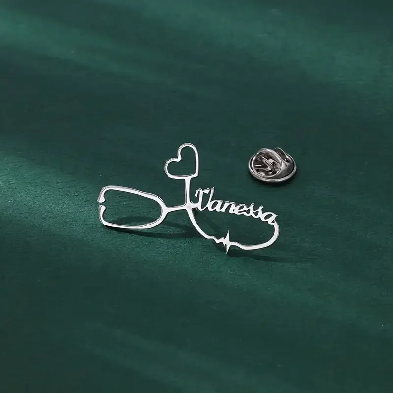 

Stainless Steel Custom Name Stethoscope Brooches Heart Personalized Pins for Women Men Brooch Doctor Nurse Accessories Jewelry