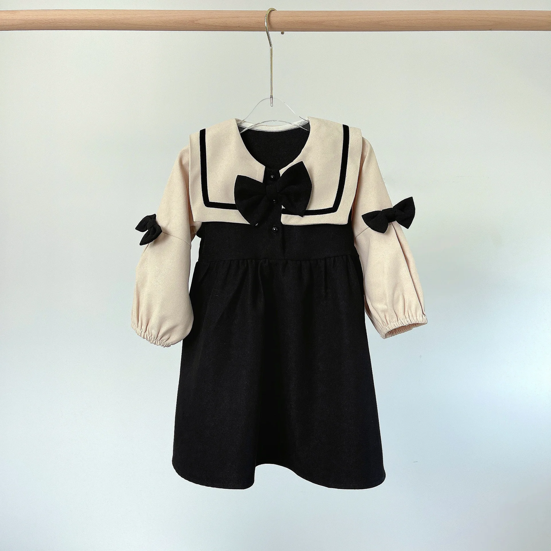 Korean Style Spring Autumn Girl Dresses Bowknot Decorated Color Mix Princess Dress Round Neck Kids Outwears Streetwears