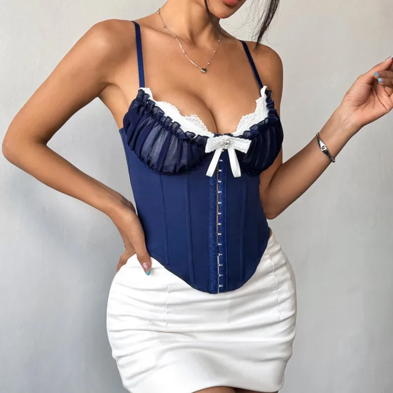 

Sexy Y2K V Neck Bowknot Corset Top Lace Patchwork Body Shape Fishbone Bustier Crop Tops Camisole Retro French Style Dropshipping