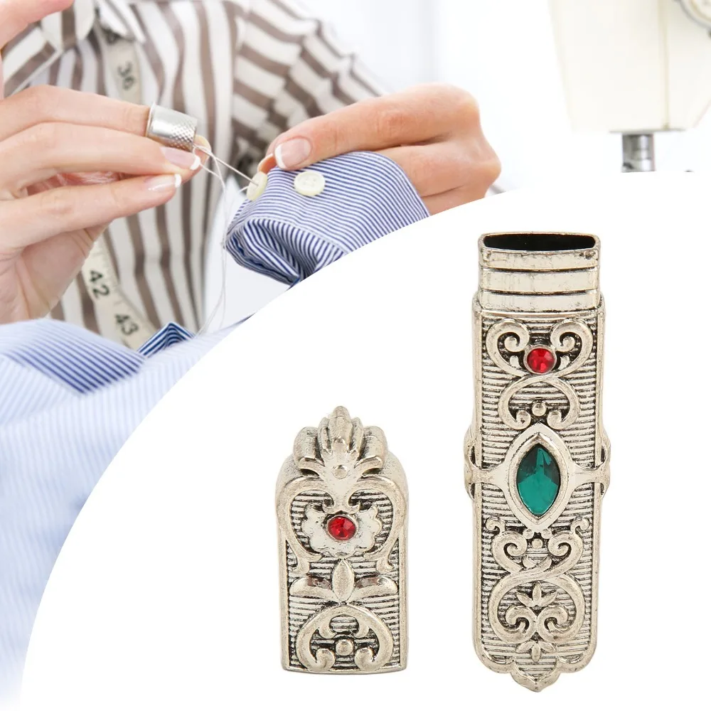 Rhinestone Embellished Needle Storage Case Antique Silver Finish Wooden Material Needle Holder Tube Compact Size Carved Pattern