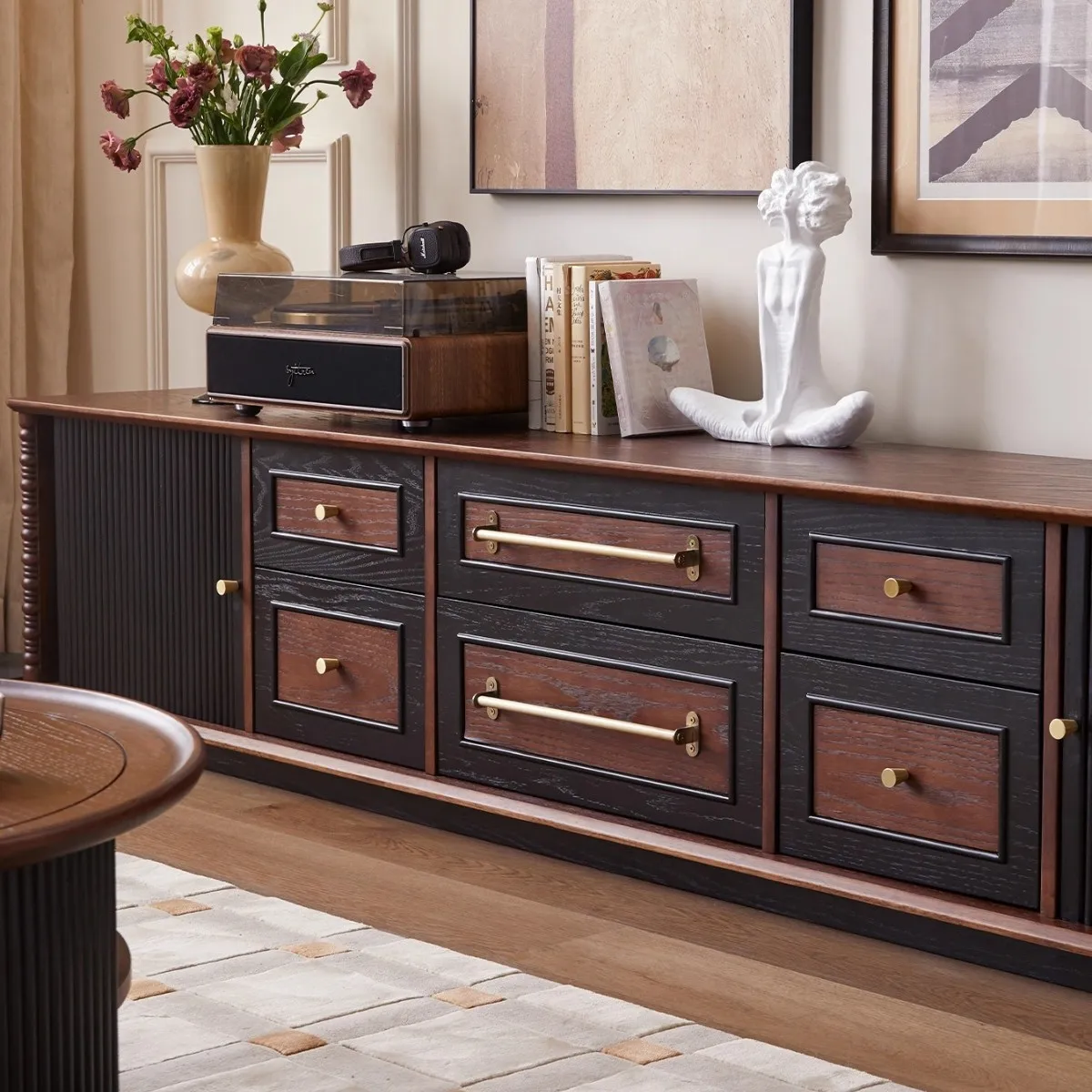 خزانة تلفزيون من الخشب الصلب الفرنسي، خزانة أرضية منزلية لغرفة المعيشة مع تخزين بأدراج، شقة صغيرة للتخزين الصوتي #5