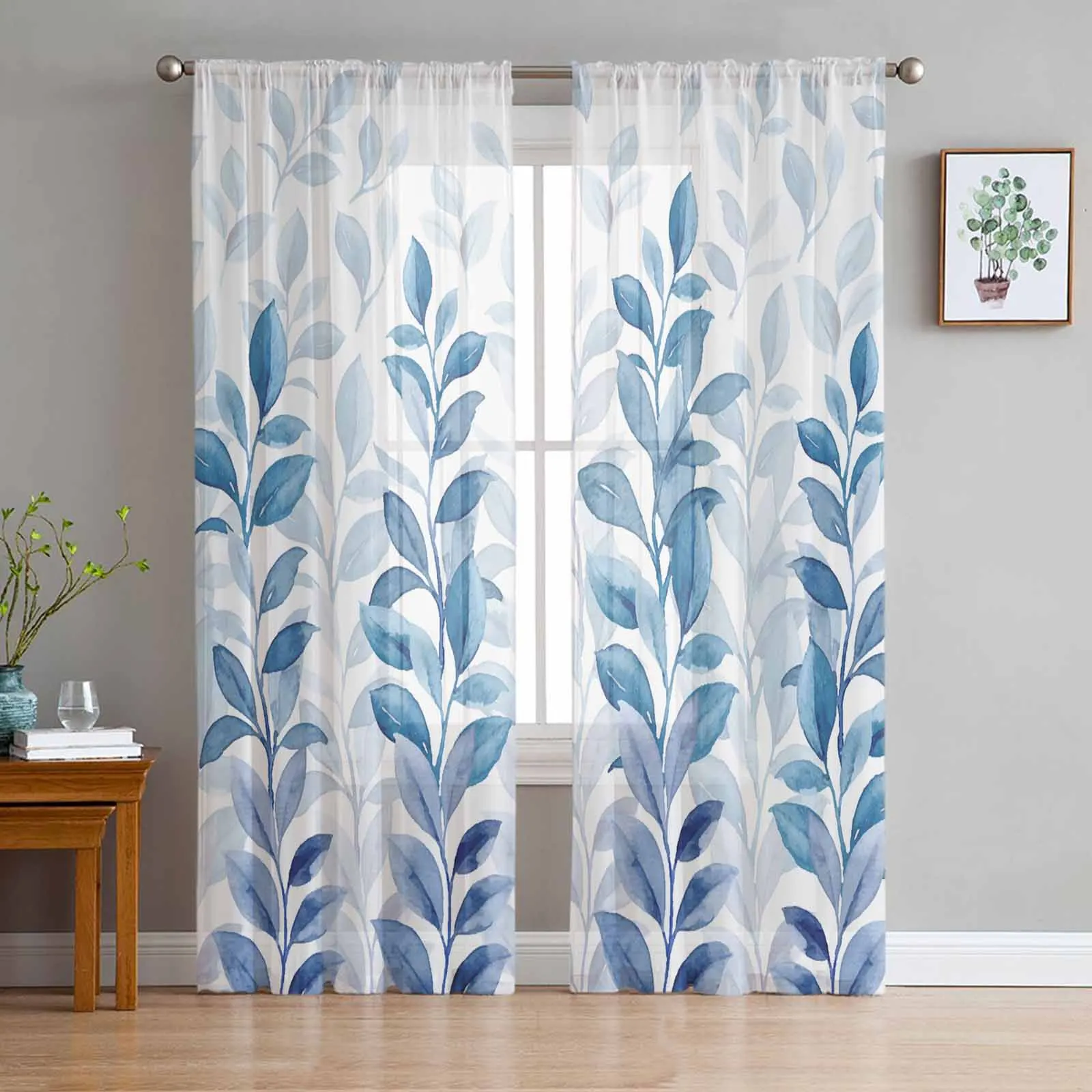 

Занавески Из Натуральной тюлевой вуали для спальни, шторы с рисунком растений акварелью, прозрачные Занавески Из Органзы