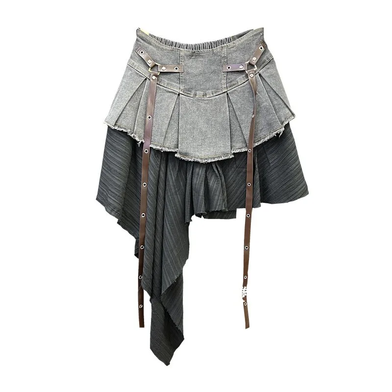 Splicing Denim Pleated Skirt For Women's Summer New Style, With A Spicy And Fashionable Style, High Waist And Slimming A-line