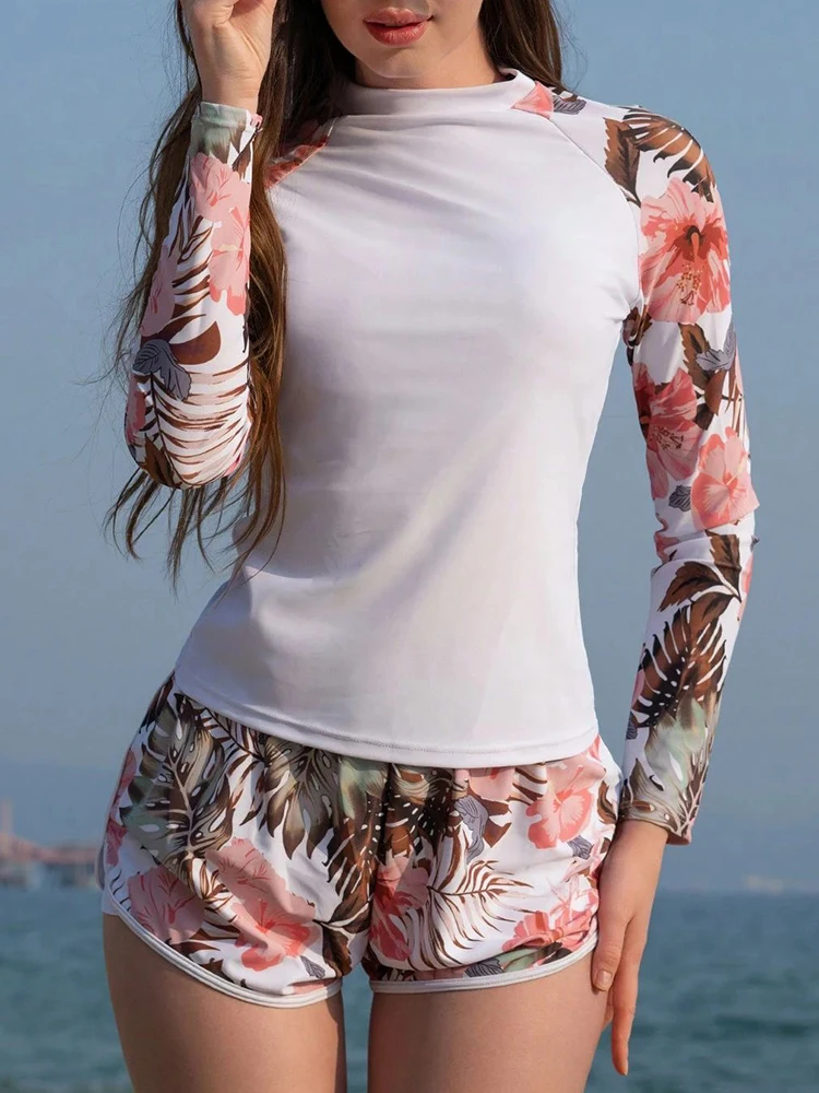 Circyy Bikini Set Women O Neck Long Sleeve Bathing Suit Print Spliced Beach Swimsuit Summer 2026 New High Waisted Beach Shorts