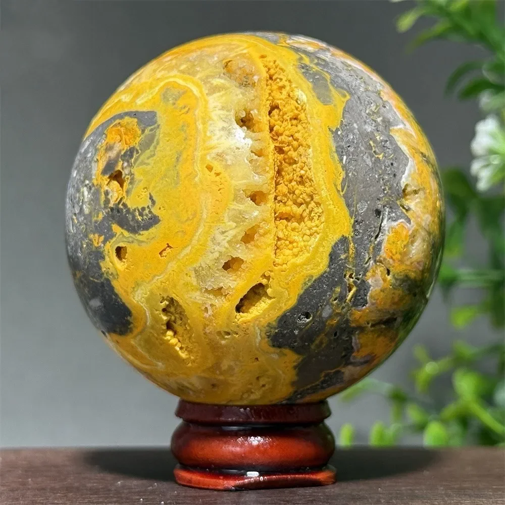 Natural Gemstone Bumblebee Mineral Original Stone Ball Reiki Meditation Healing Energy Collection Crafts Home Ornaments+Base