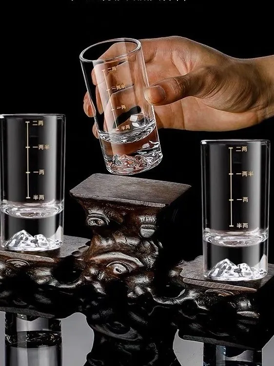 Thickened Lead-Free Glass White Wine Cup Chinese Style Small Measure Cup with Scale Home Use Iceberg Bottom Liquor Cup