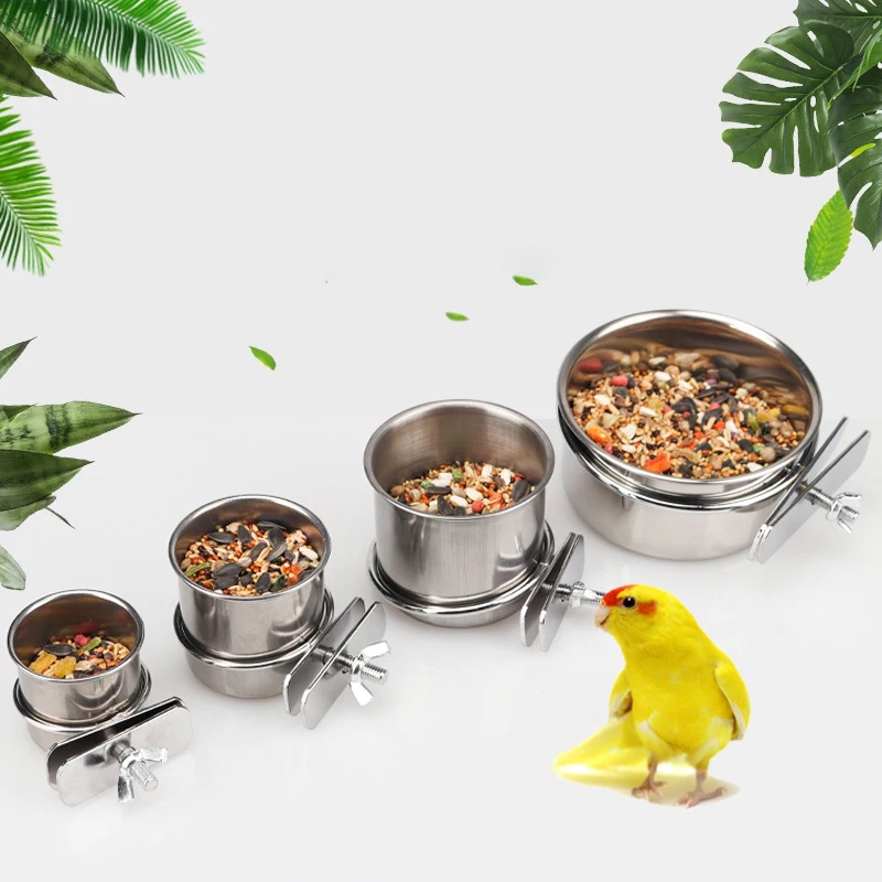 1PCS Parrot Feeding Bowl With Clamp Holder Stainless Steel Pet Birds Food Dish Parrots Cage Accessories Drinking Feeder