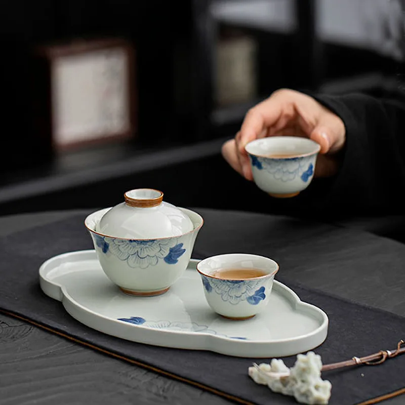 

Hand-painted Ceramic Grass and Wood Ash Kung Fu Tea Set, The Whole Household Ercai Cover Bowl Cup Small Set Tea Set Tea Gift