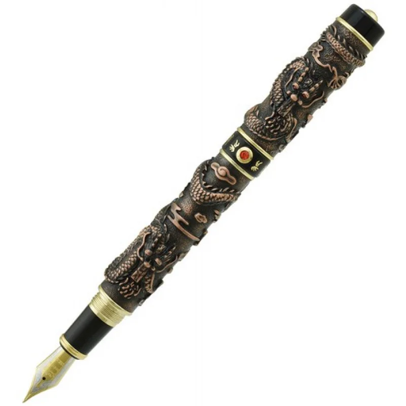 A+ Jinhao Vintage Fountain Pen Double Dragon Playing Pearl, 3D Embossed Red Copper