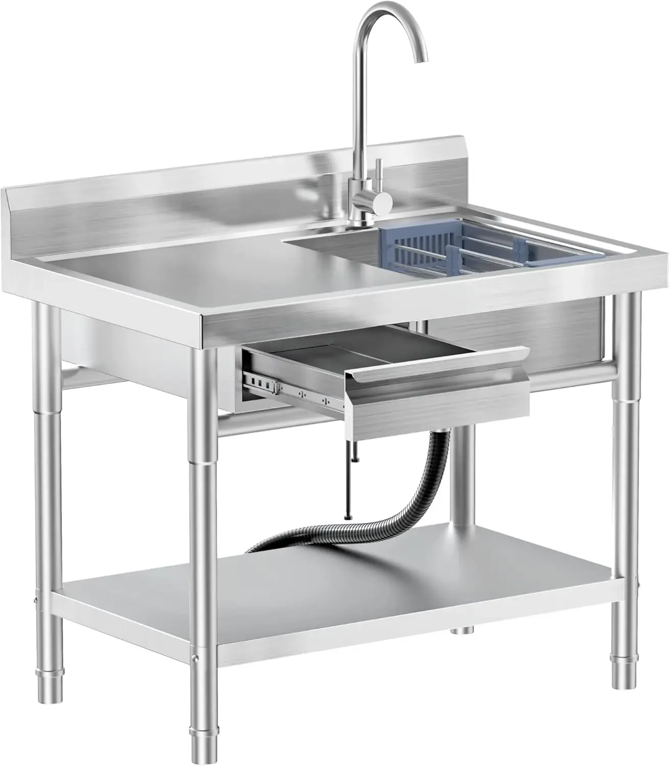 40 Inch Stainless Steel Utility Sink，Free Standing， Equipped With Hot and Cold Water Pipes, Workbench Drawers for Storage,Suitab
