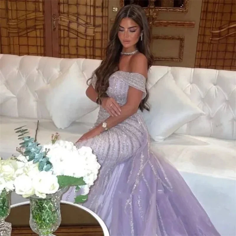 Shiny Striped Bead Embroidery Purple Evening Dresses Customized Luxury Dress for Weddings Dresses Vest Evening Party Cocktail