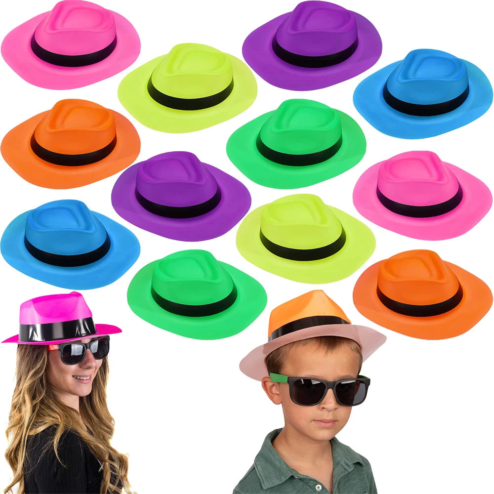 

12/24/36/48pcs Neon Mafia Style Gangster Fedora Dress Hats Children's Birthday Supplies Adult 80s 90s Retire Party Decoration