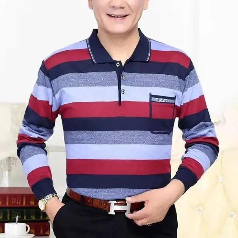 2023 New Spring and Autumn Stripes Casual Contrast Versatile Polo Collar Long Sleeve Simple Grandpa Commuter Style Men's Top