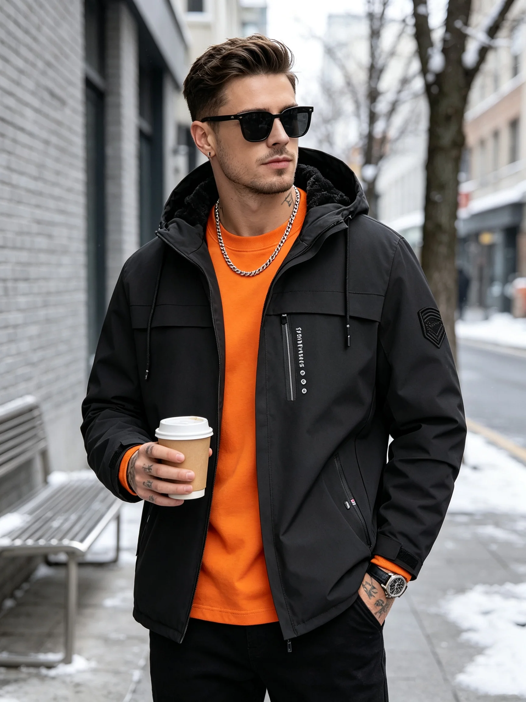 Men's Fleece Lined Hooded Windproof Jacket Thick Warm Winter Coat Multi‑Pocket Casual Outdoor Outerwear