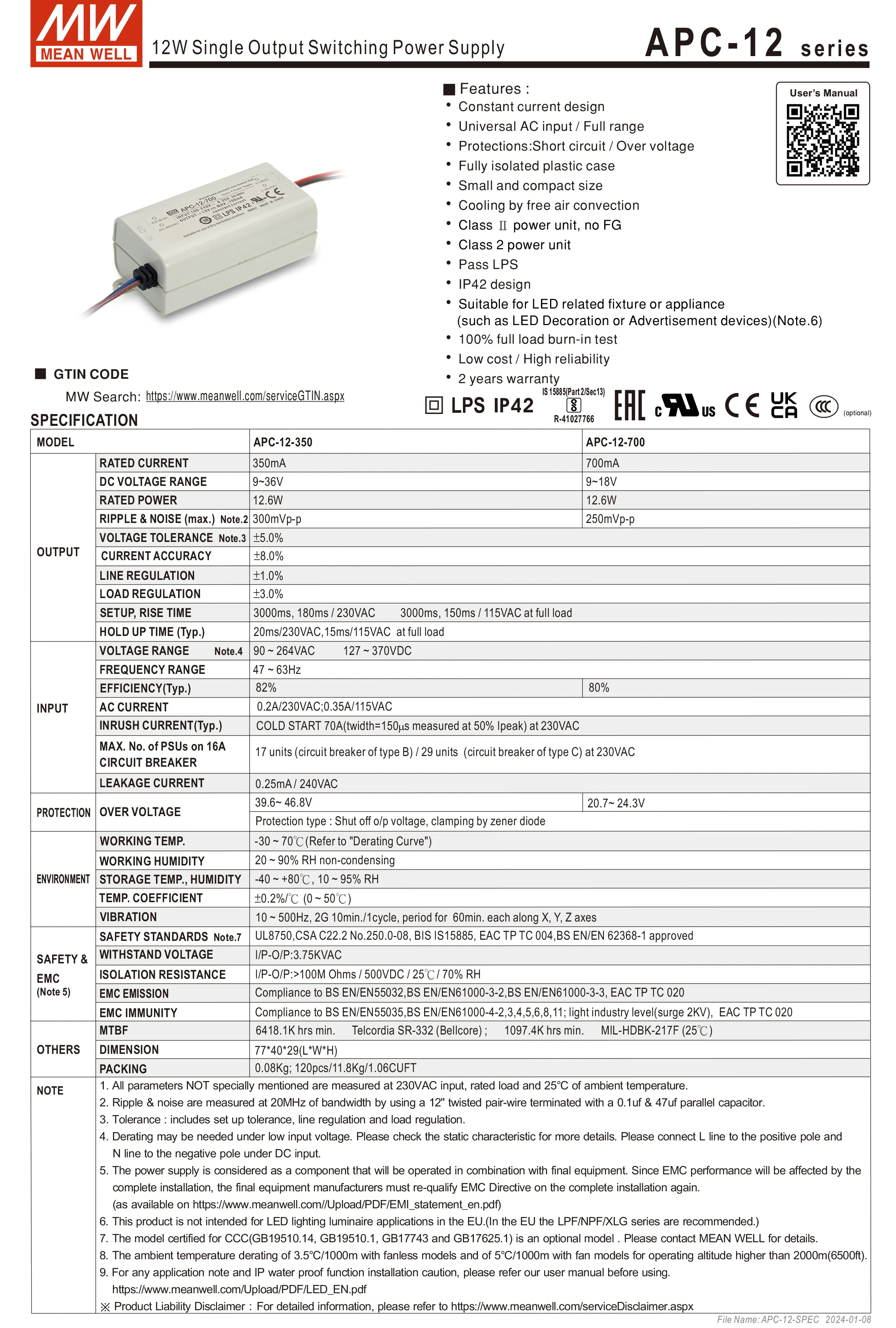 Meanwell LED Driver APC-12 Series 350mA/700mA meanwel LED Transformer IP42 LED Power Supply Constant current Adapter