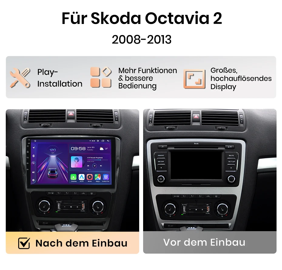 Junsun 10 Zoll Android 15 Autoradio für Skoda Octavia 2 A5 2008-2013, kabelloses Apple CarPlay, Auto-IPS-Bildschirm, Stereo-Multimedia-Videoplayer, intelligente Fahrzeugsysteme, 2-DIN-Autoradio-Haupteinheit, GPS-Navigation, BT, 4G, WLAN, 8-Kern-Prozessor, FM, AM, DSP, RDS, SWC, DAB – Detail 7