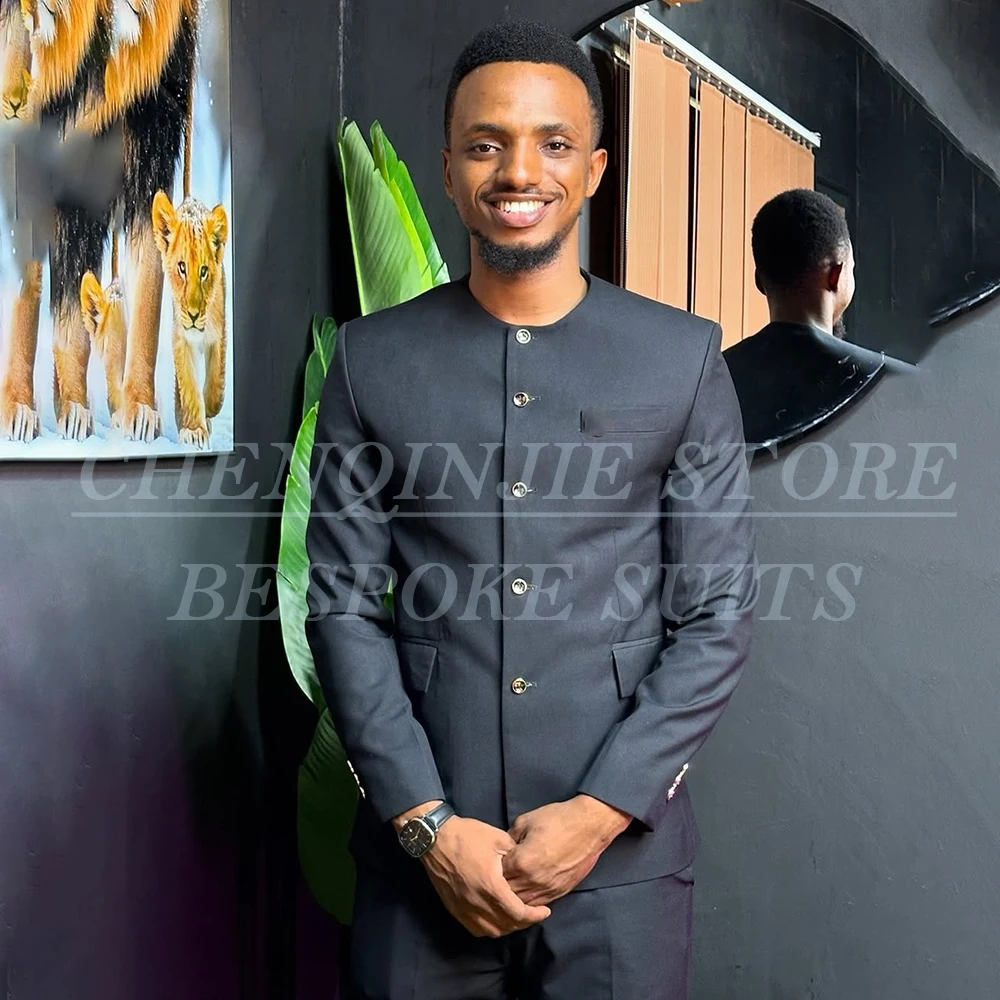 

Casual Chic Men's Suits Blazer Safari Long Sleeve Tuxedos Fashion Collarless 2 Piece Jacket Pants Customzied Best Men Clothing