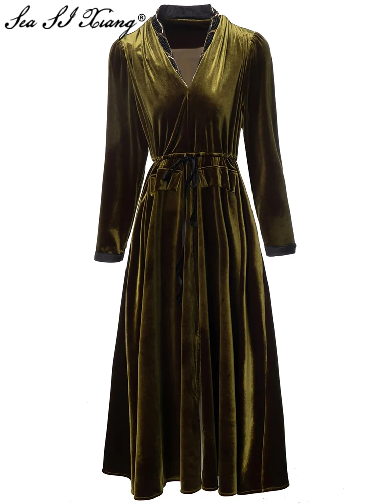 

Seasixiang Fashion Designer Spring Velvet Dress Women Beading V-Neck Long Sleeve Lace-up Elegant Party Dresses