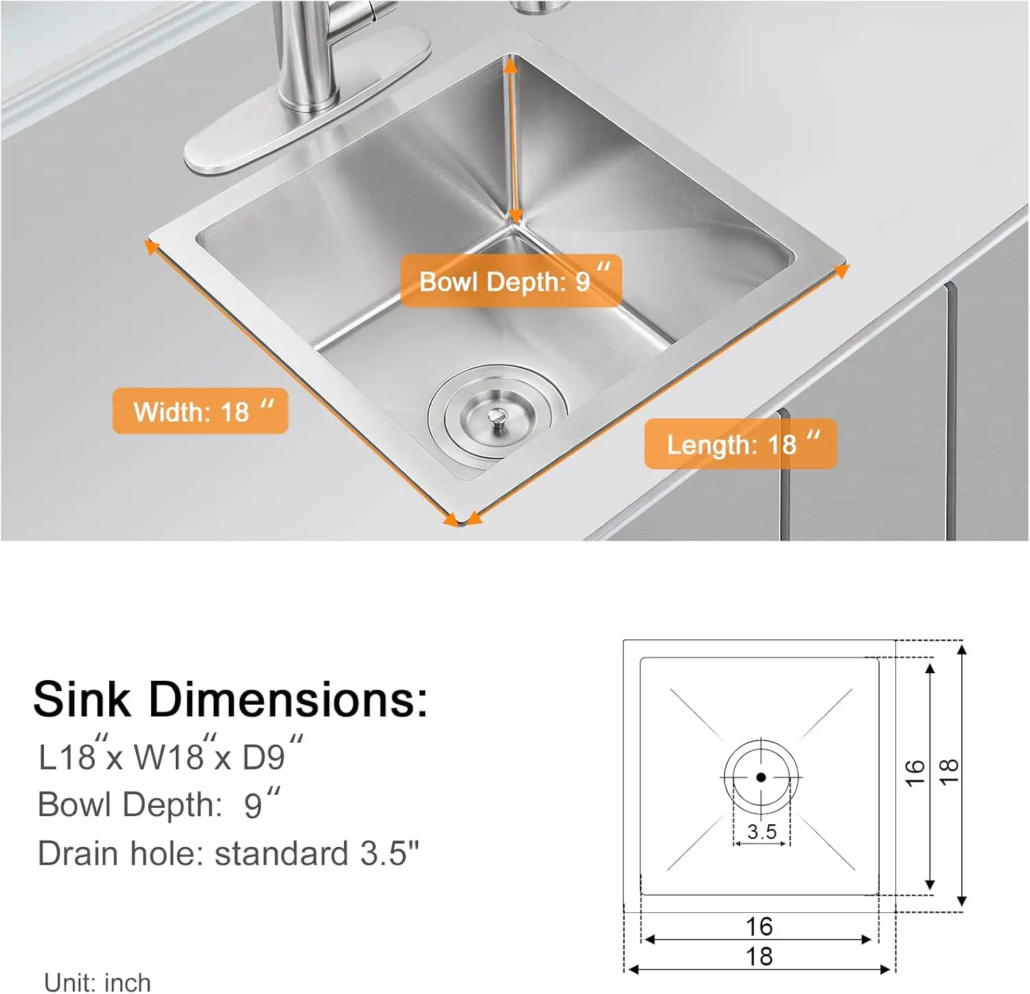 ROVATE 18 inch Undermount Kitchen Sink Small Bar or Prep Kitchen Sink Handmade Single Bowl T-304 Stainless Steel with Strainer