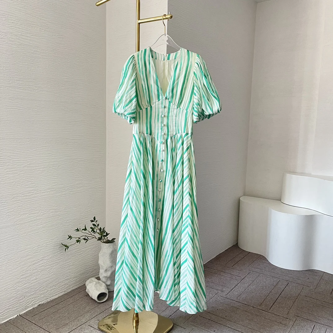 2024 New Summer Women Green White Striped Short Sleeve Deep V Neck Midi Dress