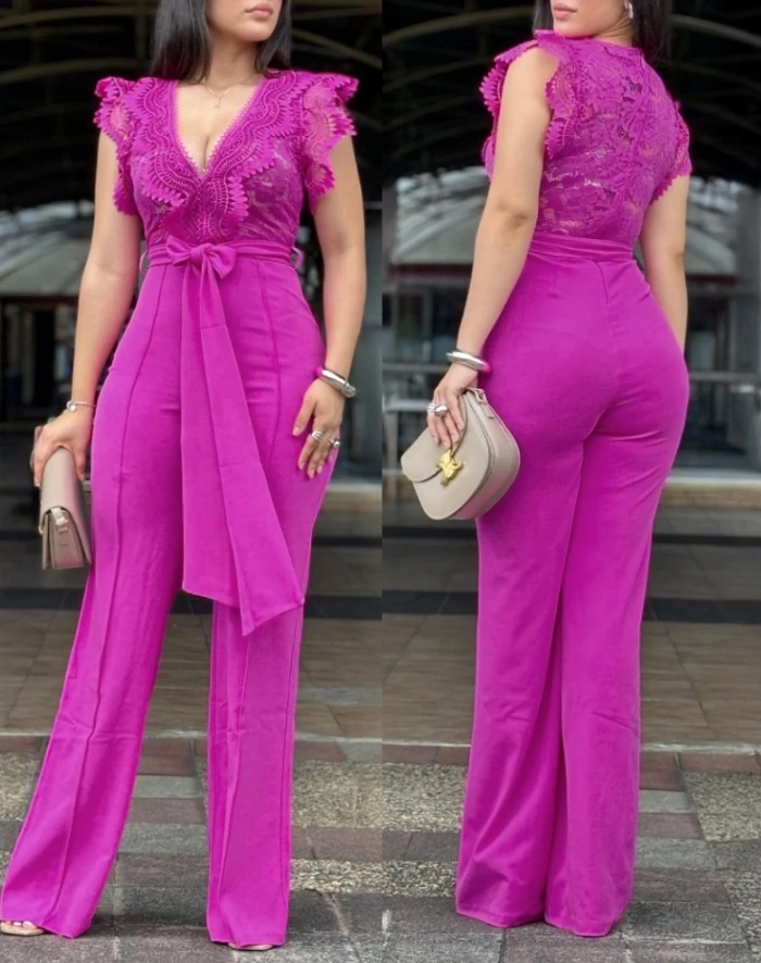 Jumpsuit V Neck Scallop Trim Sleeve Lace Patchwork Bow Tie Waist Jumpsuit Casual Seam Front Zipper Back Wide Leg Jumpsuit