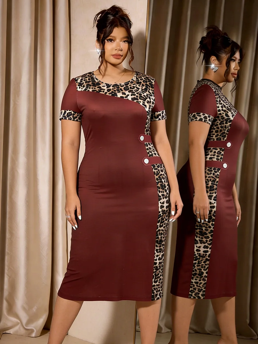 Damen Übergröße Kleid Rundhals Leopardenmuster Patchwork Kurzarm Bodycon Midikleid Elegantes Frühling Sommer Schickes Partykleid – Detail 5