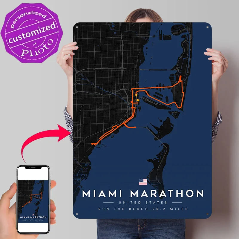 Miami Marathon Route Map Personalized 3D Textured Metal Poster Wall Art Vintage Tin Signs for Bedroom Decorations Room Ornaments