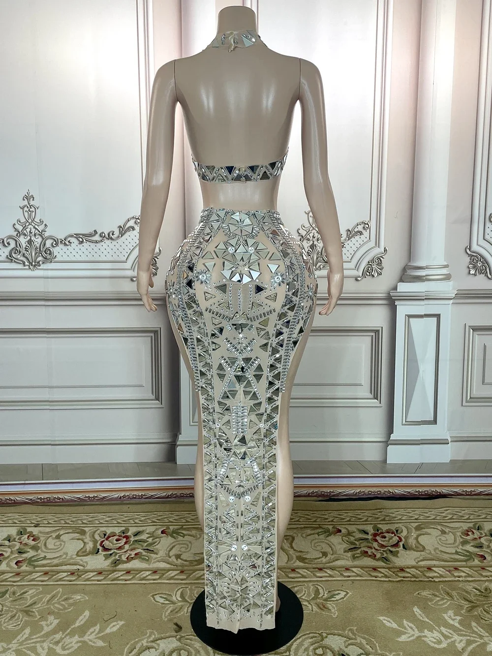 Sexy stretchkostuum glanzende outfit prom mouwloze verjaardag vieren pailletten nieuw ontworpen glanzende zilveren spiegels jurk feest