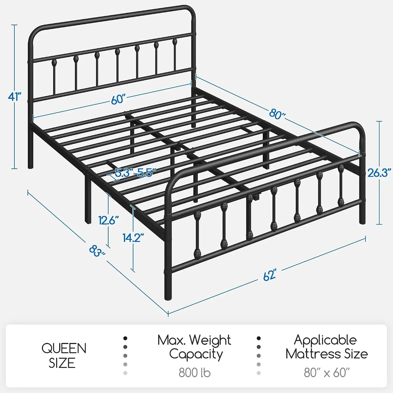 Queen Bed Frame with Headboard, Victorian Vintage Black Iron | Easy-to-assemble sturdy metal frame for noiseless sleep; no box spring needed, provides spacious 12.6in under-bed storage