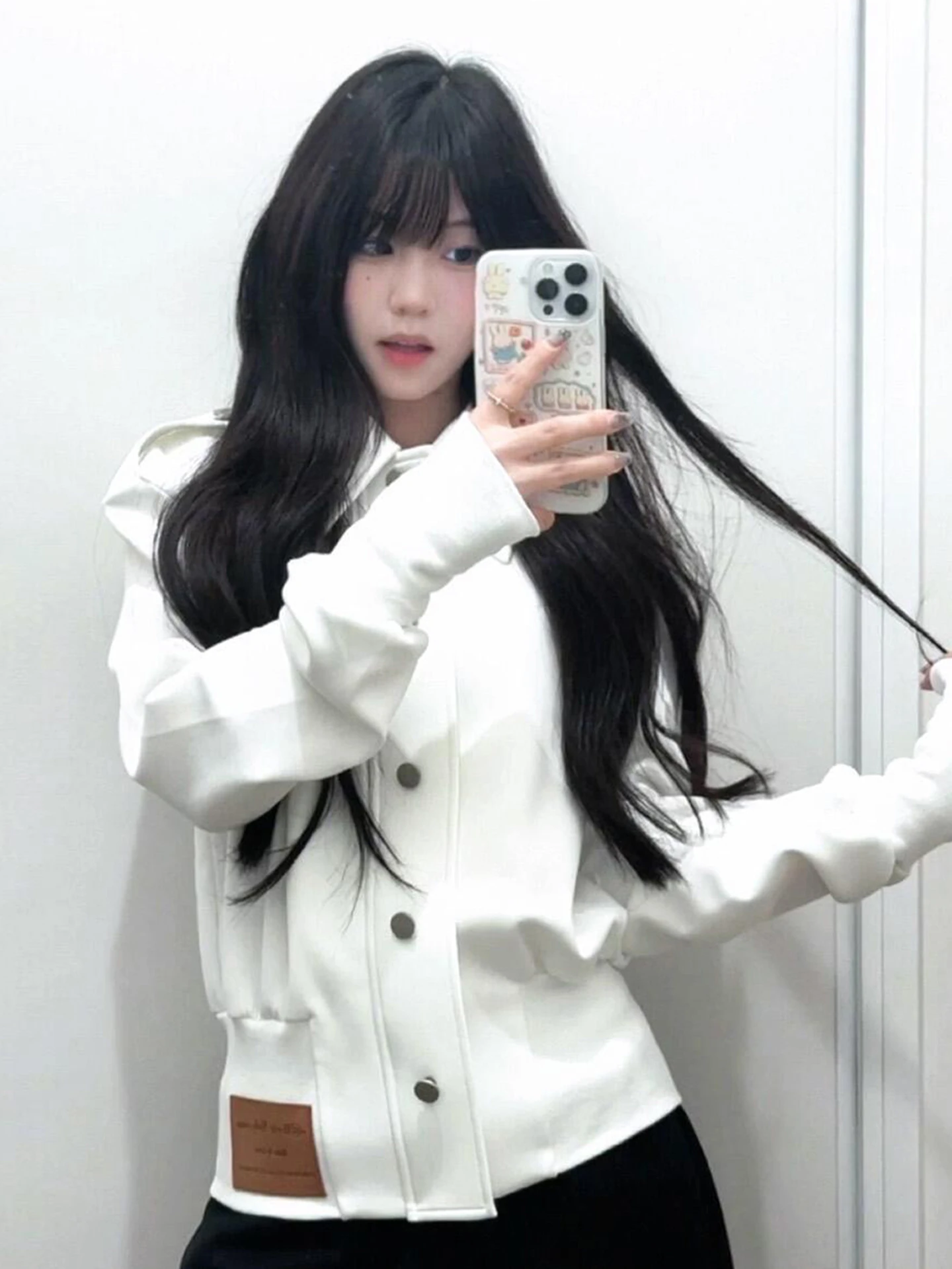 Retro Koreanische Weiß Stehkragen ort Jaet frauen Herbst Winter Lose Casual Design Sinn Top Blume Ling Polyester Mischung