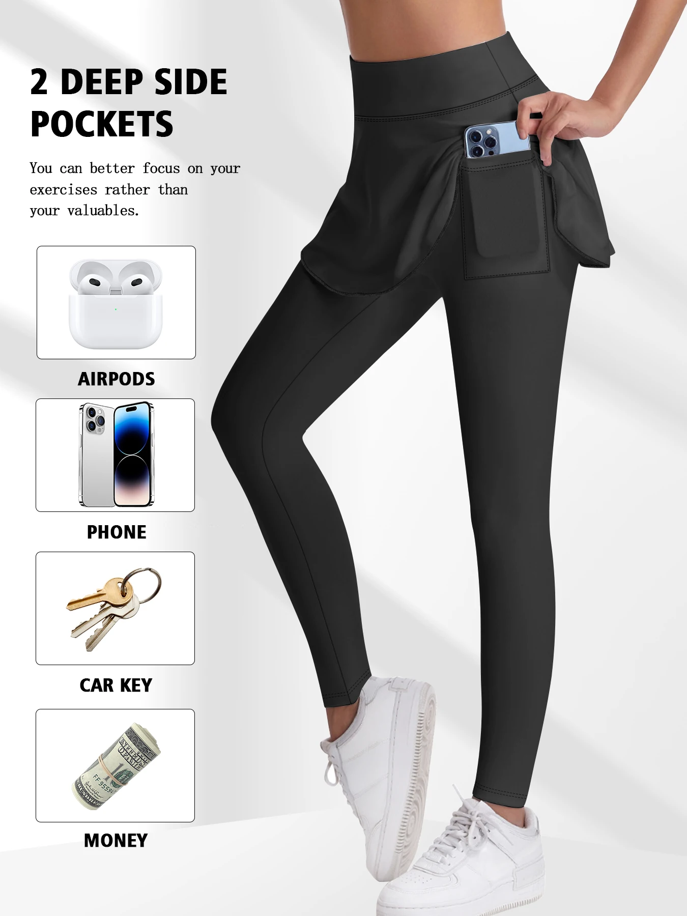 Women's Skirted Leggings with Pockets | Workout Outfits, Pickleball, Tennis, Yoga, Pleated Skirt with Leggings