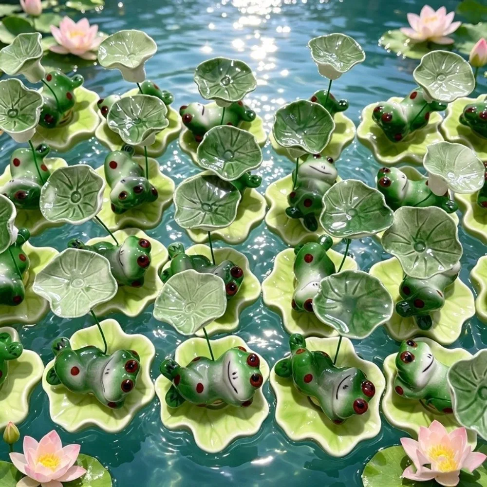 Interesting Ceramic Laying Frog Statue Lotus Leaf Home Ornaments Desktop Decoration Attract Wealth Funny Frog Car Decor Office