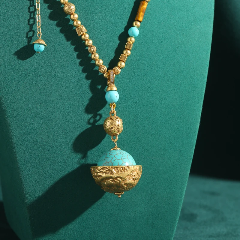 Vintage Turquoise Balls Jewelry Sets Beads Pendent Necklace Drop Earrings Gold Color Festival Accessories Woman 2026 High Luxury