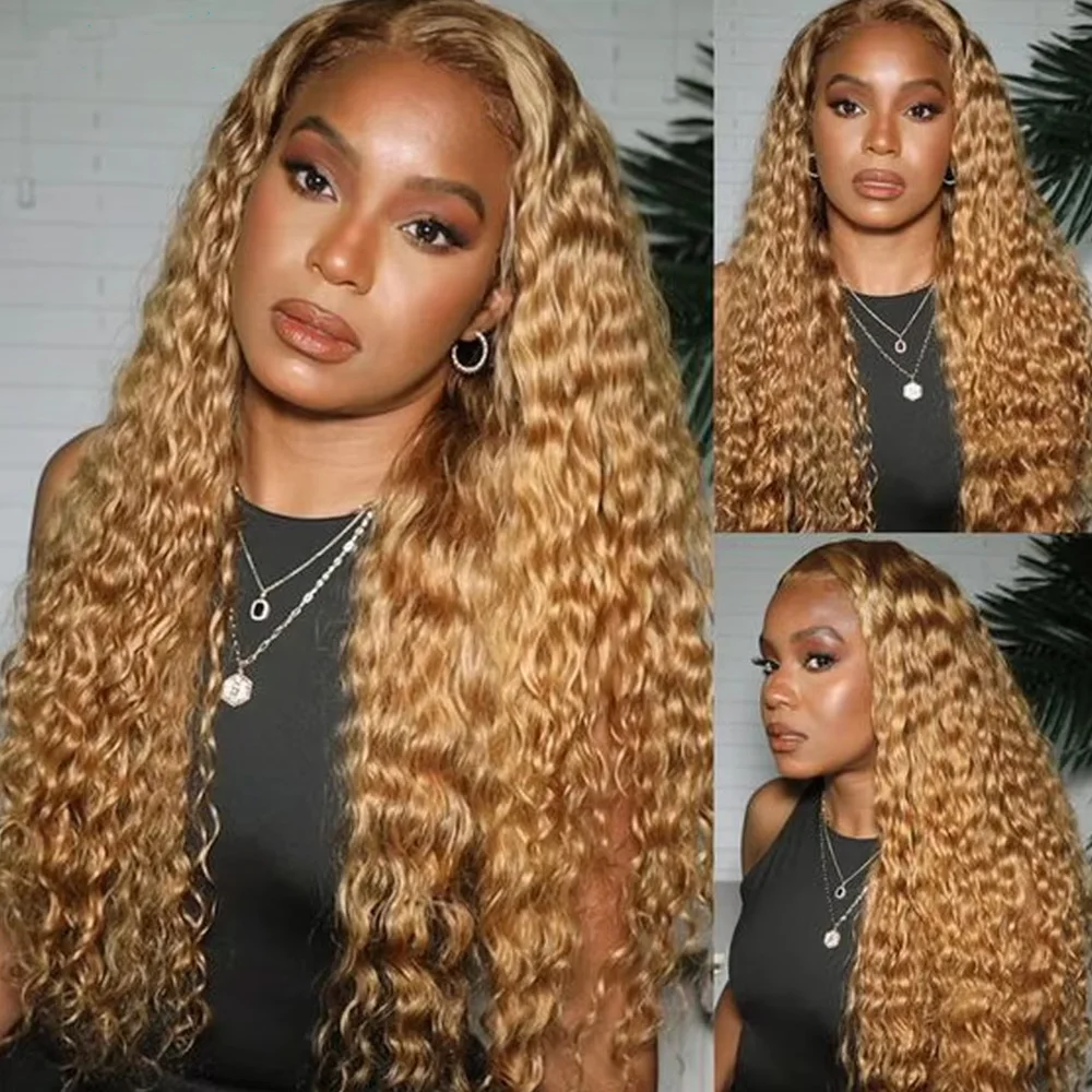 

Honey Blonde Wig 100% Human Hair 13x6 Deep Wave hd Lace Frontal Wig #27 Colored Curly Wigs Pre Plucked 13x4 Lace Front Wig