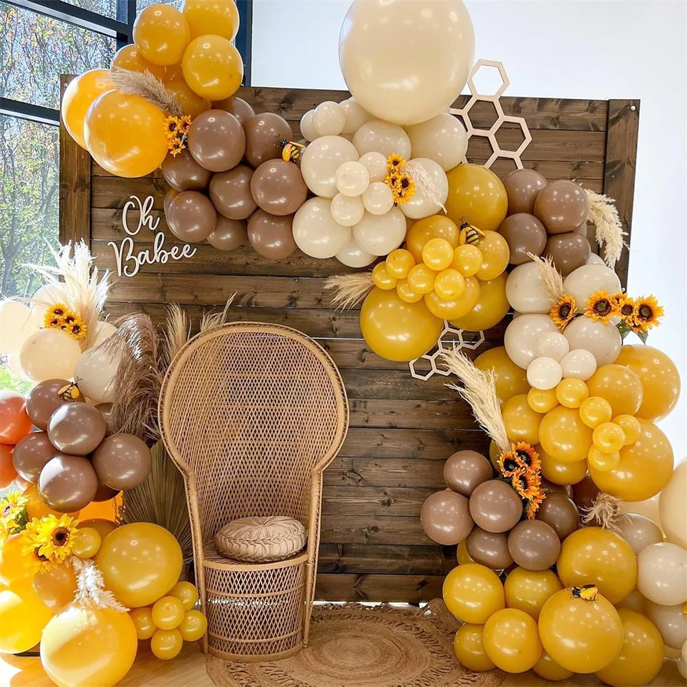 114Pcs Yellow Brown Balloons Garland Arch Kit with Sand White Balloons for Baby Shower Sunflower Birthday Daisy Party Decoration