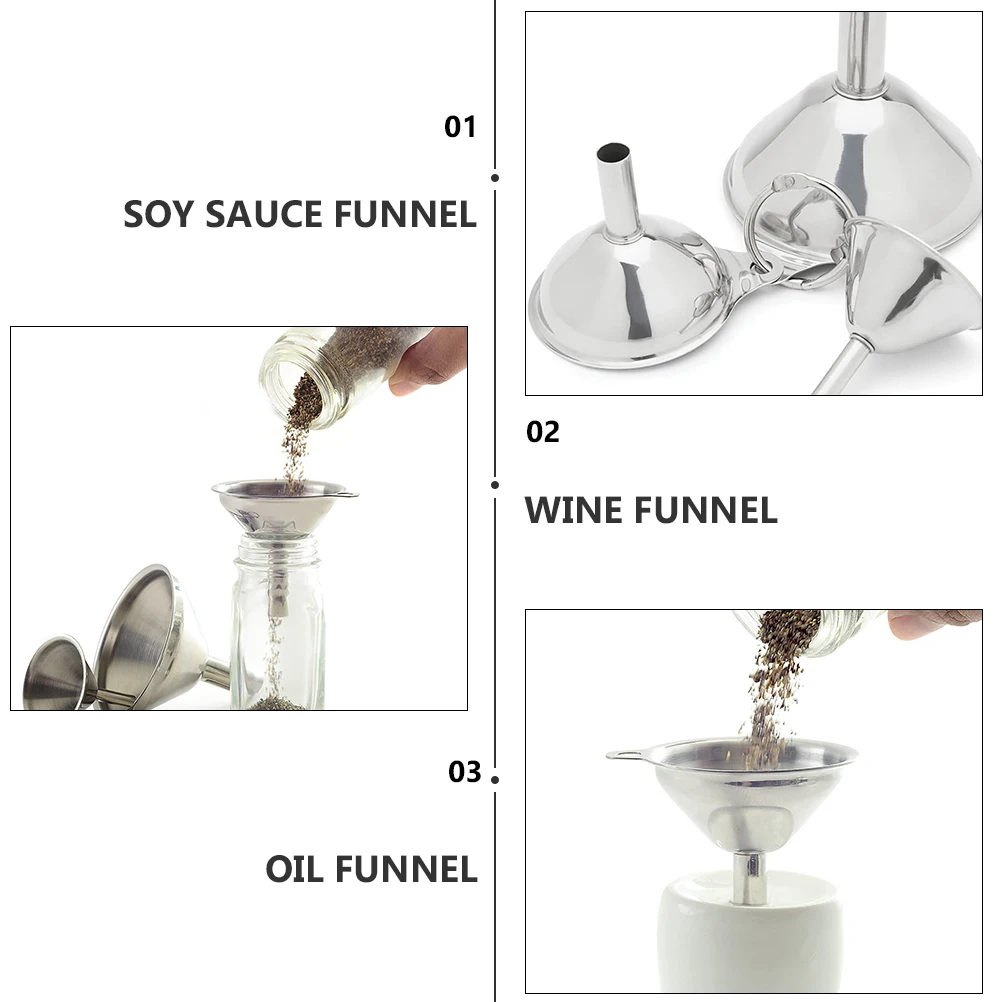 

3pcs Stainless Steel Funnel Kitchen Oil Soy Sauce Mini Funnels Set Daily Use Transfer Bottle Container Dry Juices