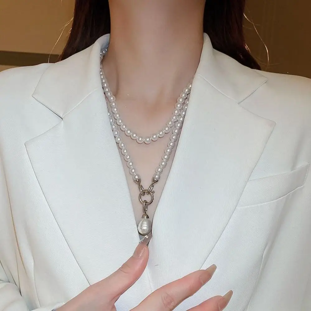 

Sweet Elegant Pearl Beaded Necklace White Simple Pearl Choker Multilayer Long Pearl Pendant Accessory Women