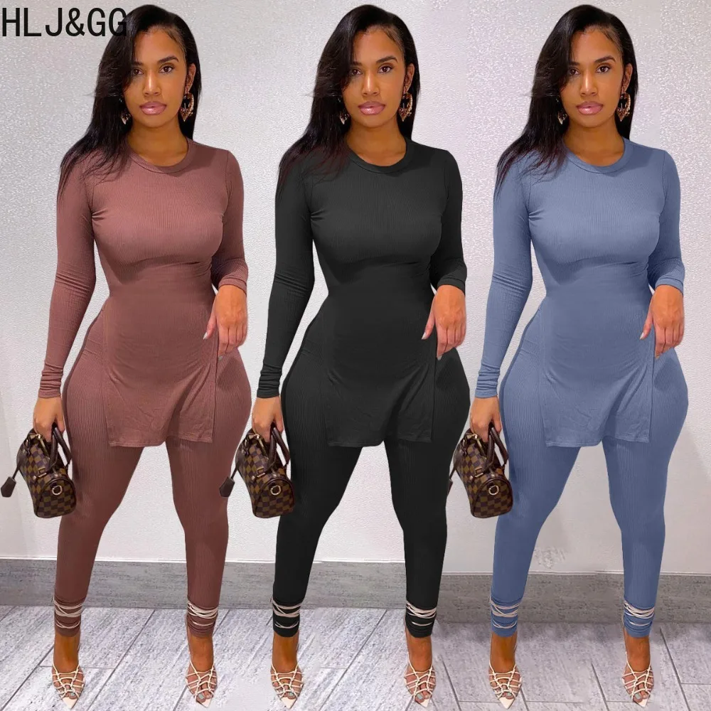 

HLJ&GG Casual Solid Color Legging Pants Sets Women Round Neck Long Sleeve Side Slit Top And Skinny Pants Two Piece Outfits 2024