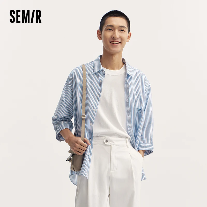 Semir Mid-Sleeve Shirt Men Autumn Print Chinese Style Top Classic Color-blocking Stripe Loose Commuting Casual Wear