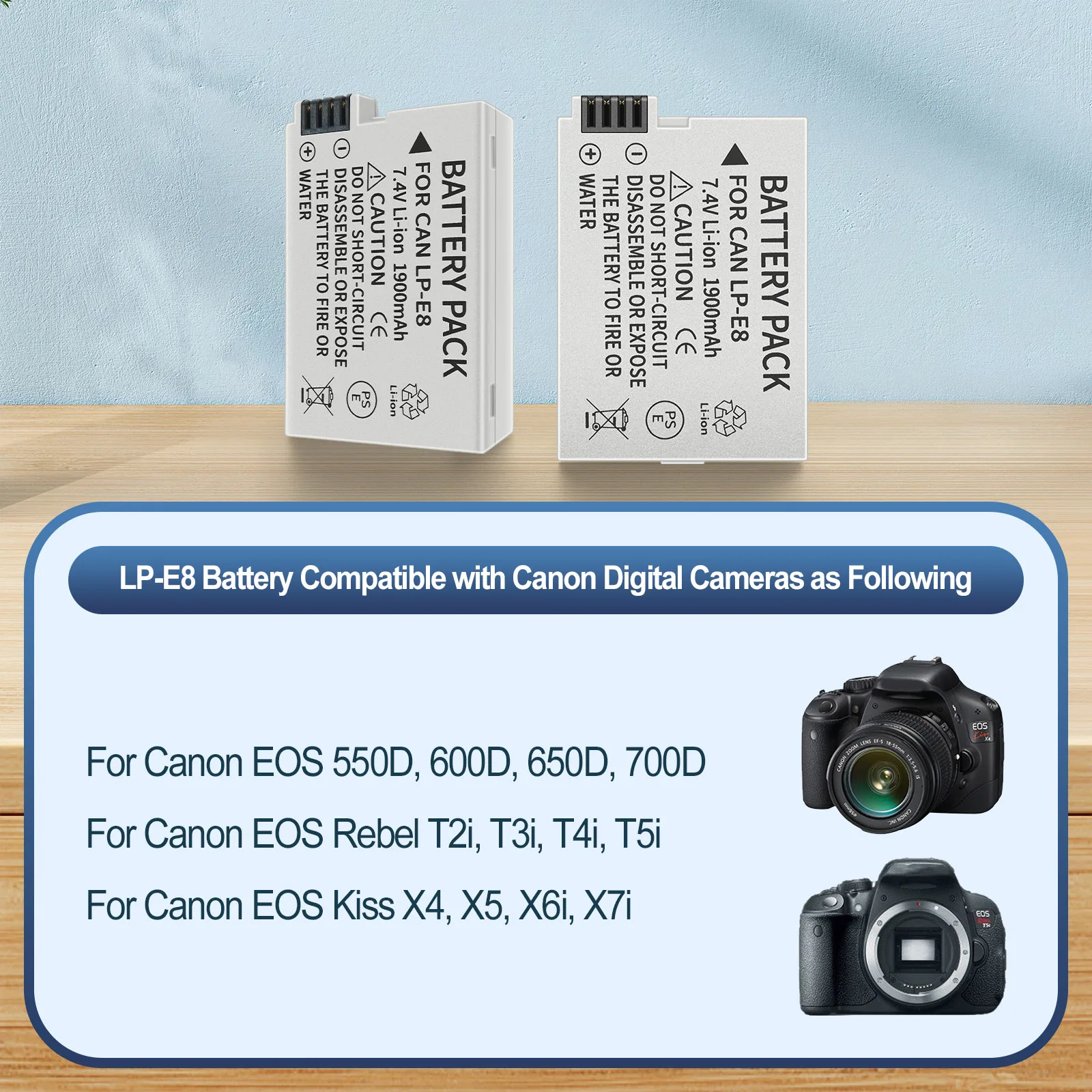 1900mAh 14.06Wh LP-E8 LPE8 Battery Compatible with Canon EOS 550D 600D 650D 700D KISS X4 X5 X6i X7i EOS T2i T3i T4i T5i DSLR Cam