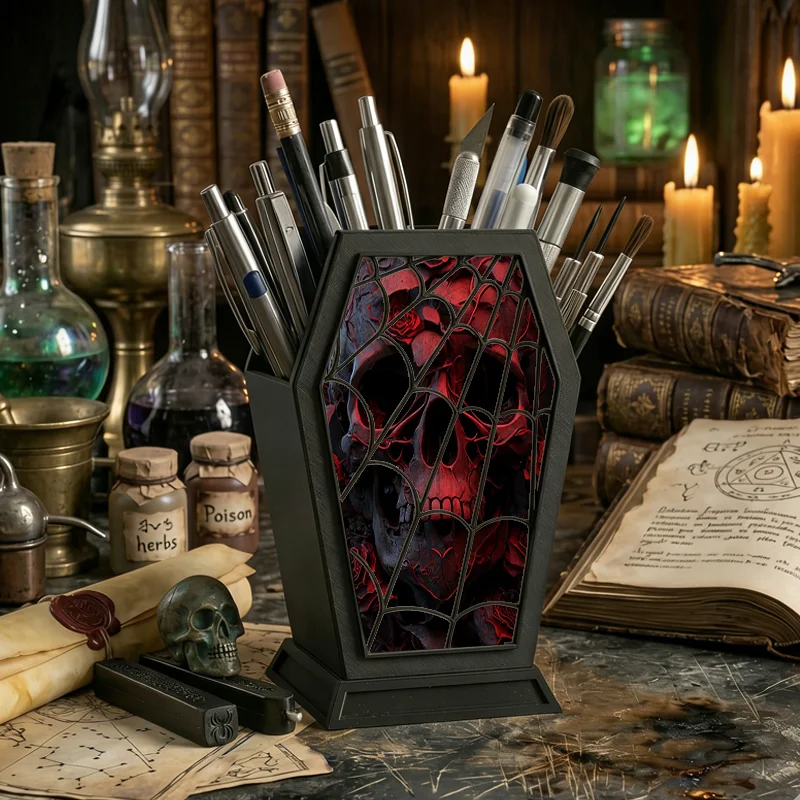 Gothic Red Rose Skull Pen Holder Spider Web Pencil Cup Spooky Desktop Stationery Organizer Halloween Home Office Desk Decor