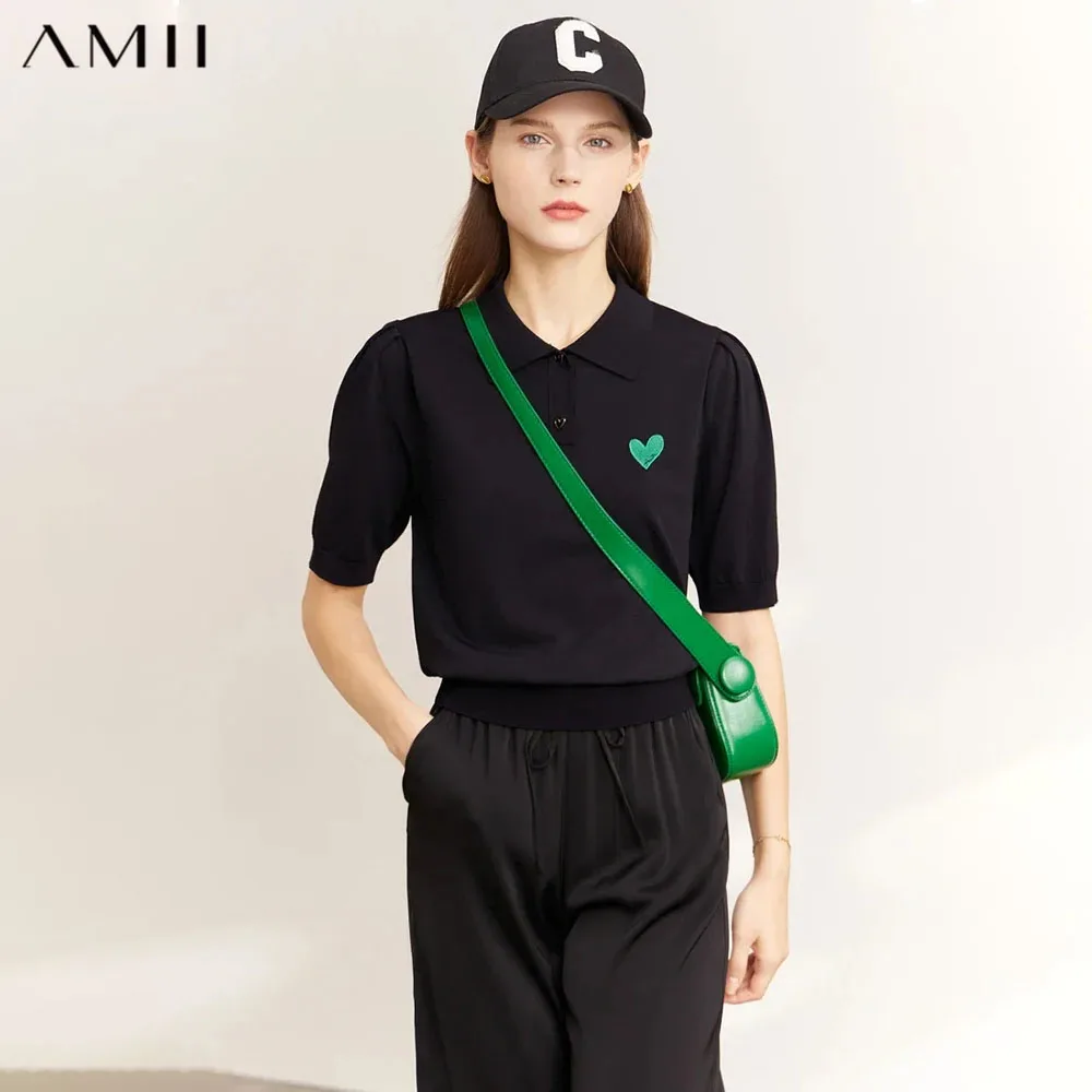 AMII Minimalism Knitted Tops for Women 2026 Summer New Pullovers POLO Collar Knitwear Sweet Heart Embroidery T-shirts 12342298
