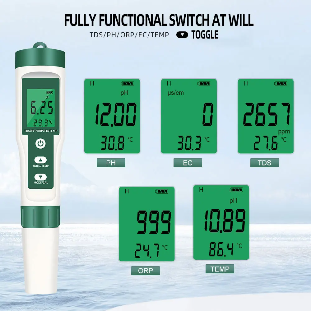 5 in 1 TDS/EC/ORP/Temperature/PH Meter Portable Water Quality Monitor Tester for Pools Drinking Water Aquariums