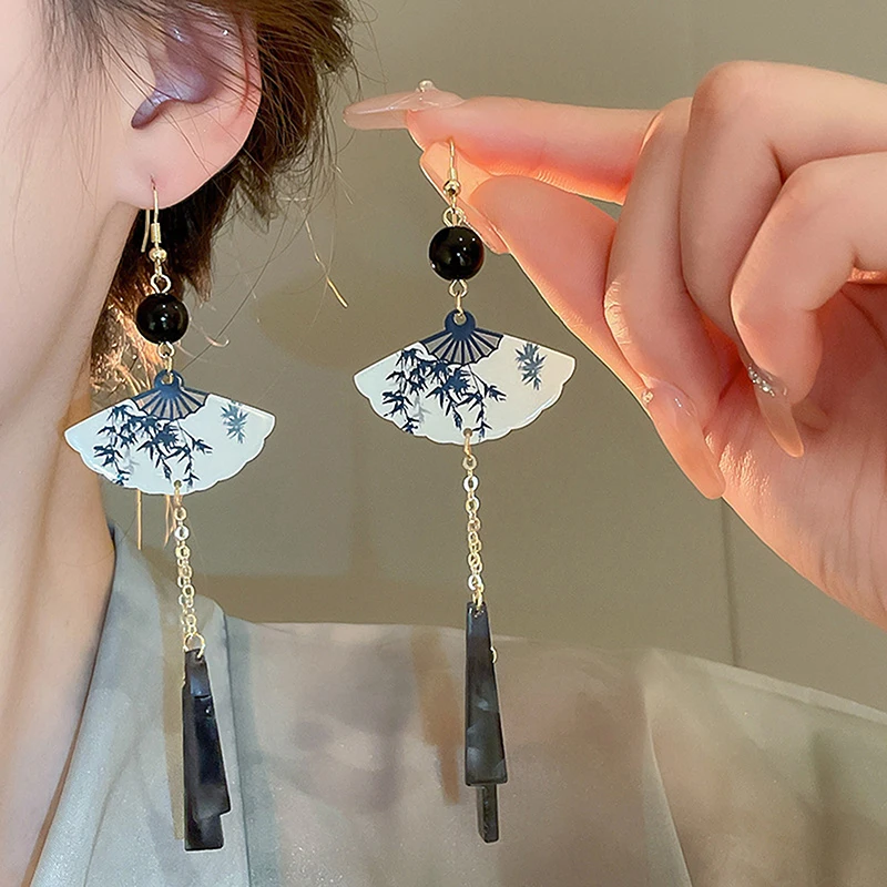 Chinese Ink Fan Butterfly Pendant Earrings For Women Fashion Creative Long Tassel National Earrings Jewelry Gift