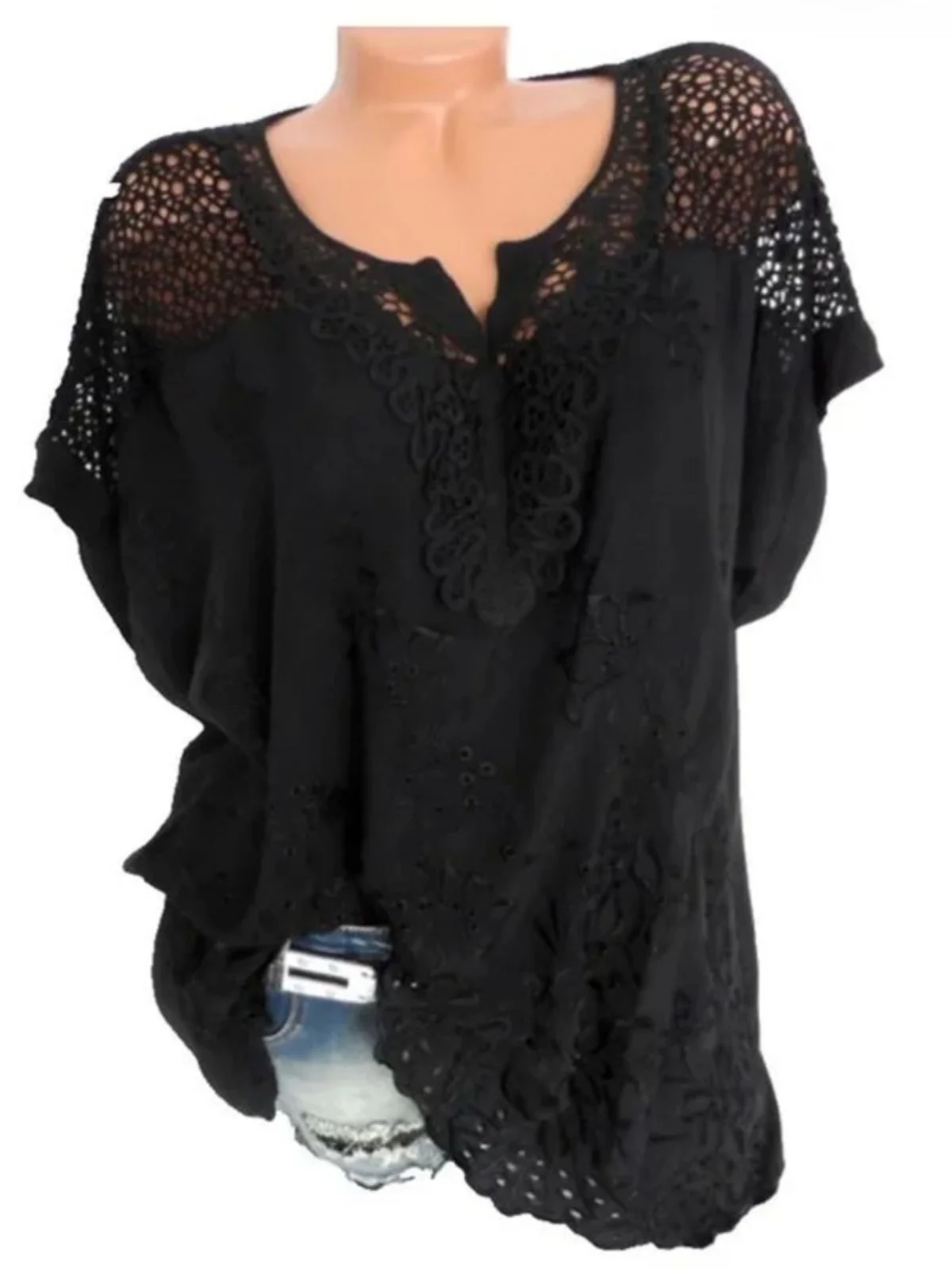 

Lace Hollow ort Sve V-Ne irt Women's Street Sle Loose Fit Color T-irt Summer Casual Wear Pure Color